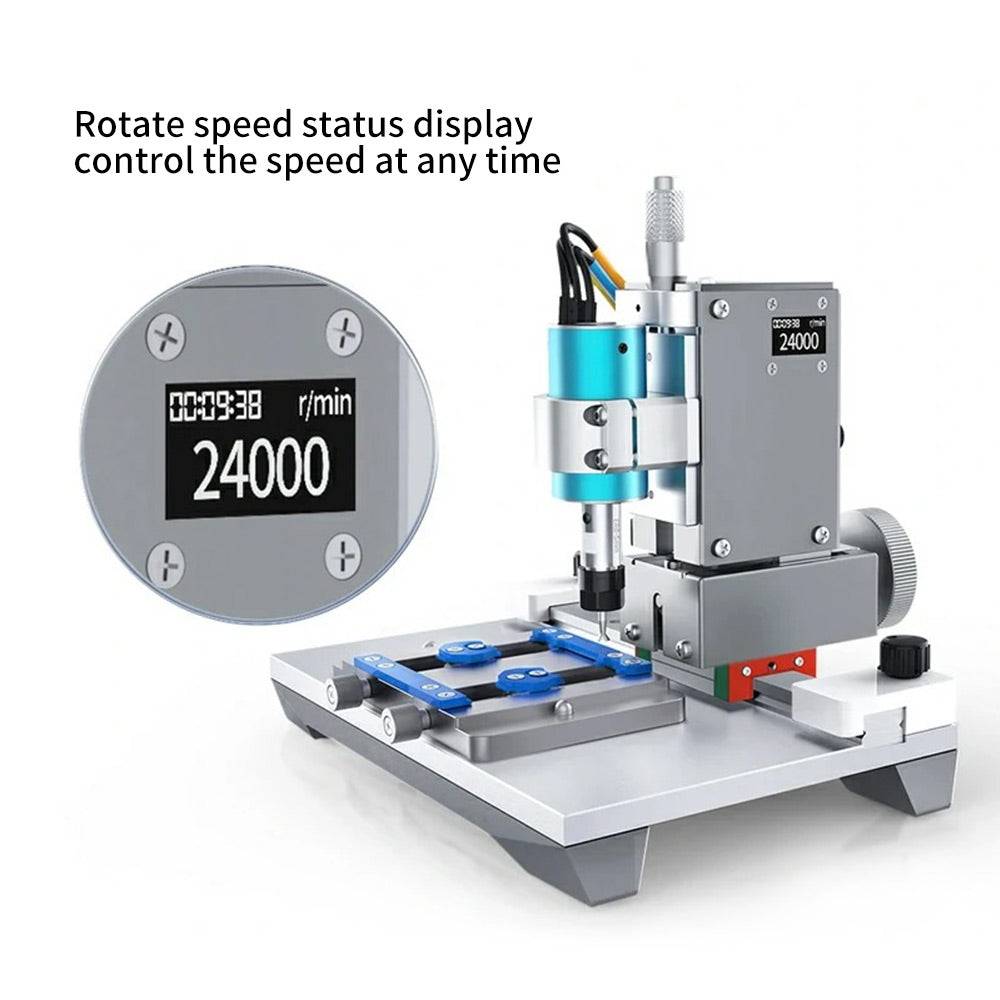 IC PCB Grinder with silver metal base, blue and black components, and digital speed display showing 24000 r/min for precise control