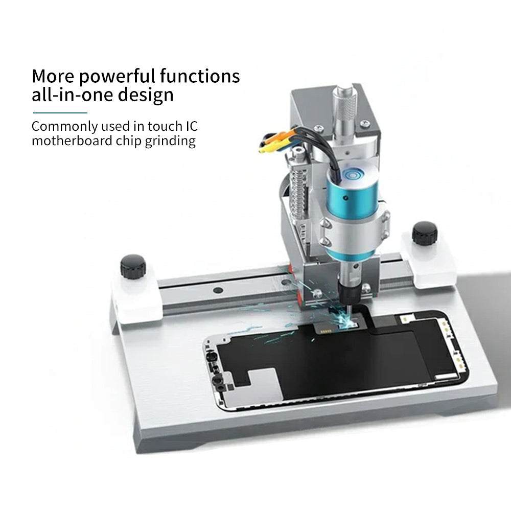 IC PCB Grinder with silver metal base and turquoise motor component, designed for precision motherboard chip grinding