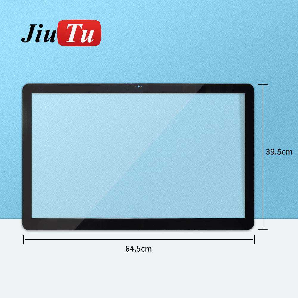 iMac A1419 Glass replacement front panel with black frame and precise dimensions 64.5cm wide by 39.5cm tall