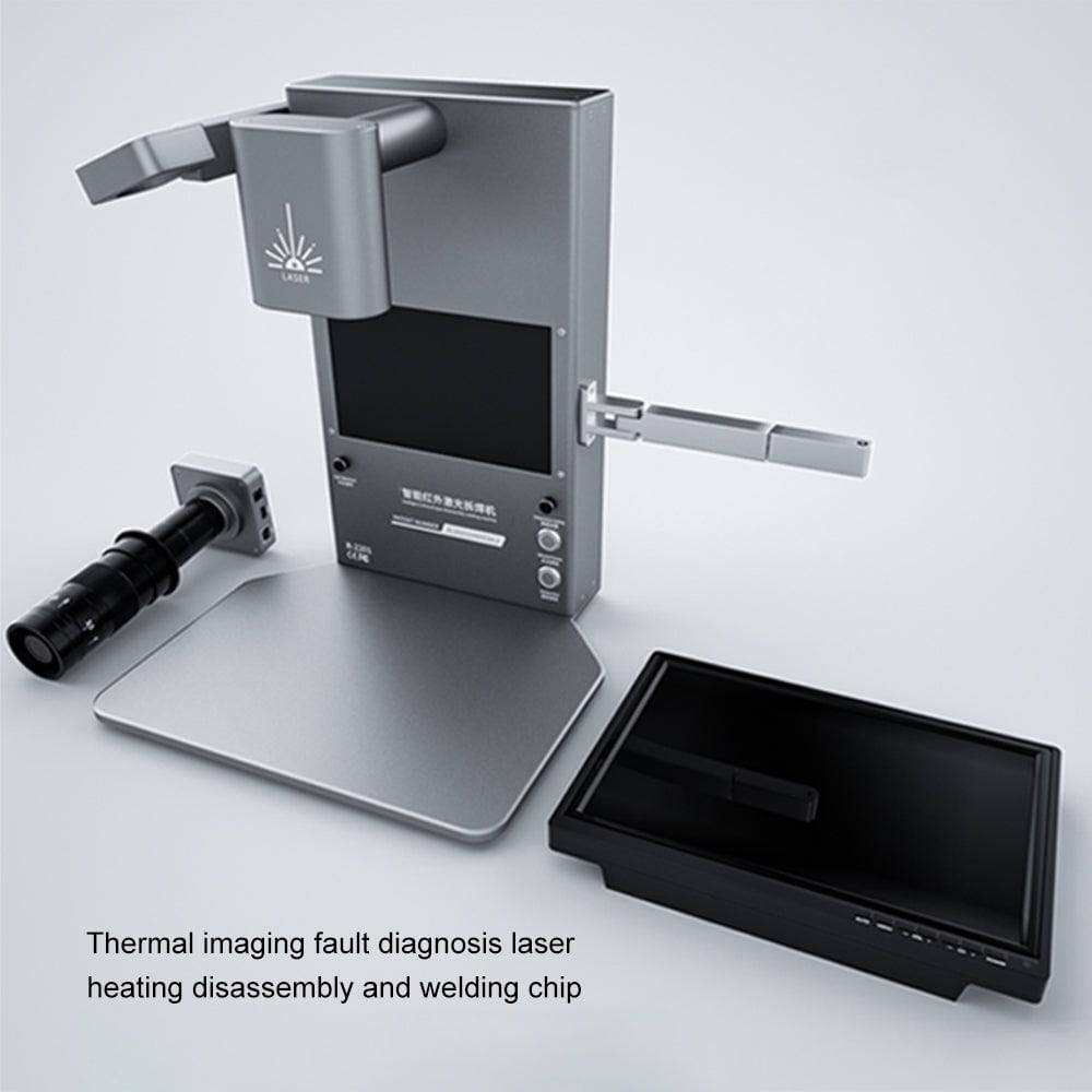 Imaging Laser Soldering Machine in metallic silver with integrated screen, adjustable laser head, and separate black HD display monitor