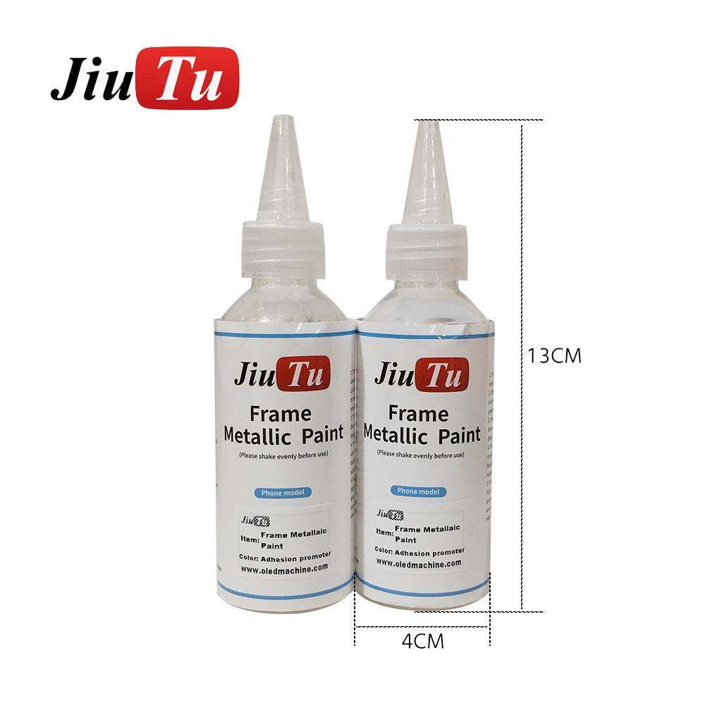 Two small white plastic bottles of metallic paint labeled JiuTu frame metallic paint for iPhone 14 frame touch up, each with pointed nozzle caps