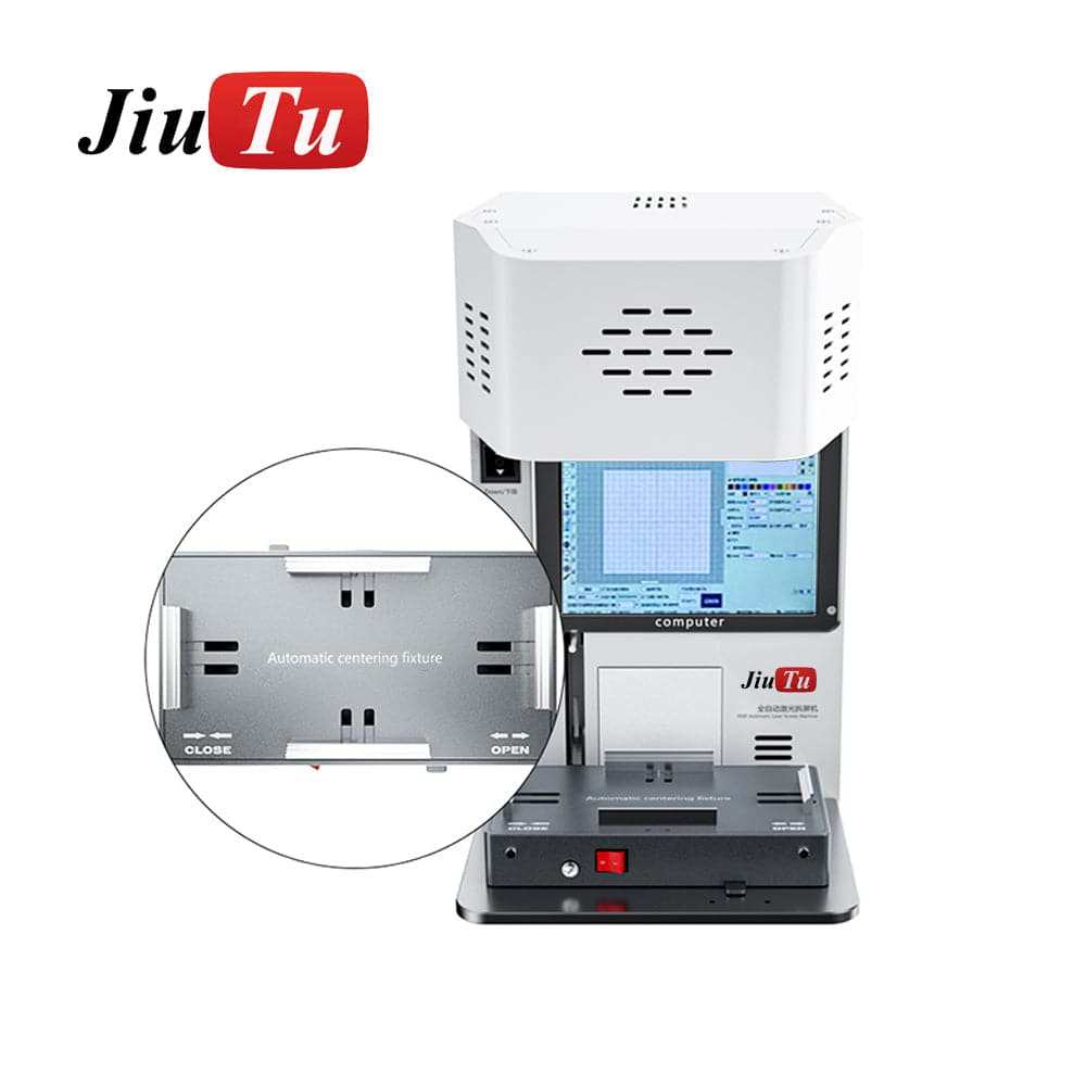iPhone back glass change machine in white and black with digital interface and automatic centering fixture for precision alignment