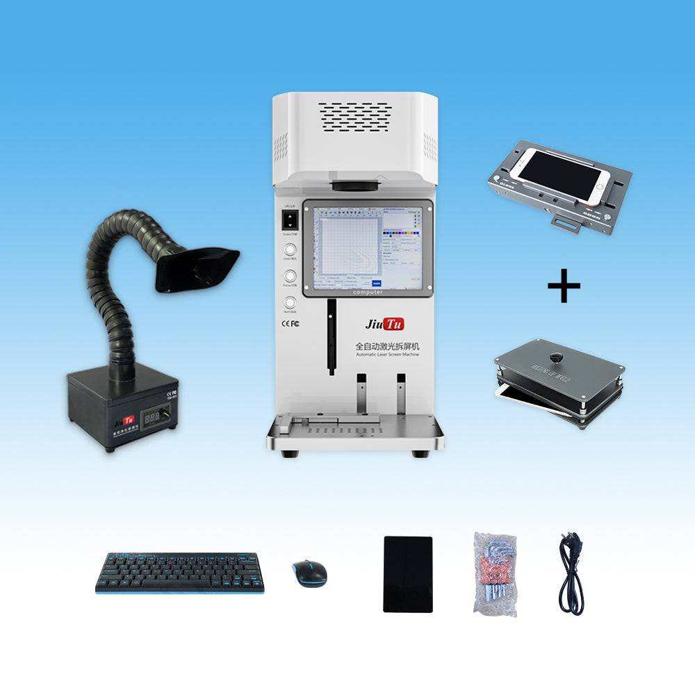 iPhone back glass laser replacement machine in white with a flexible exhaust pipe, clamps, keyboard, mouse, and accessories set on blue background