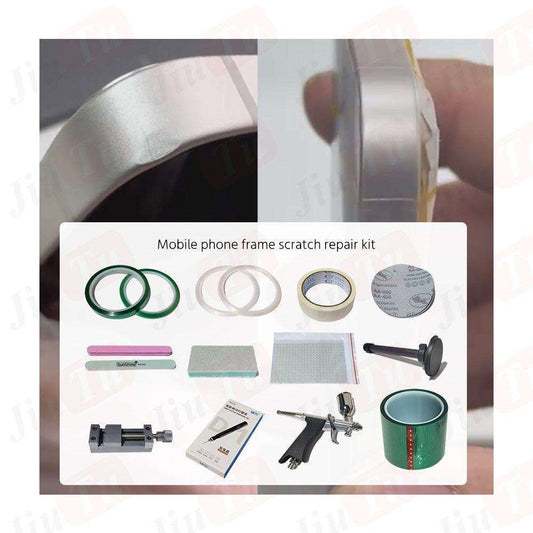 Phone frame scratch repair kit including tapes, polishing tools, and clamps