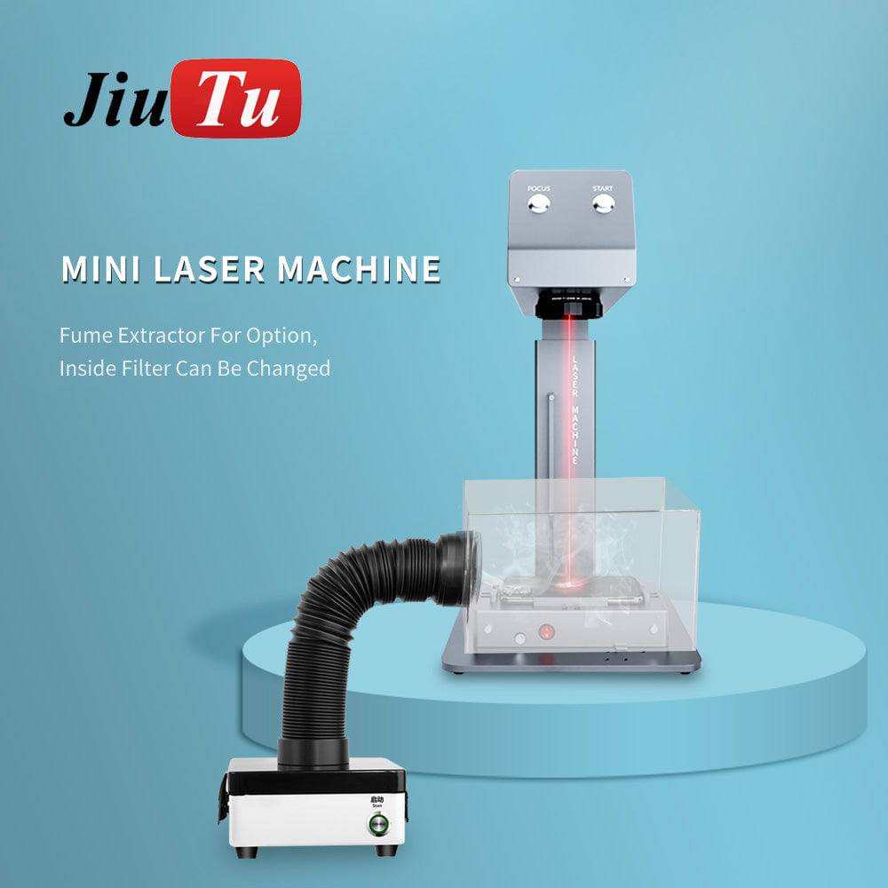 iPhone glass repair mini laser machine with grey and black components, includes fume extractor and clear protective enclosure