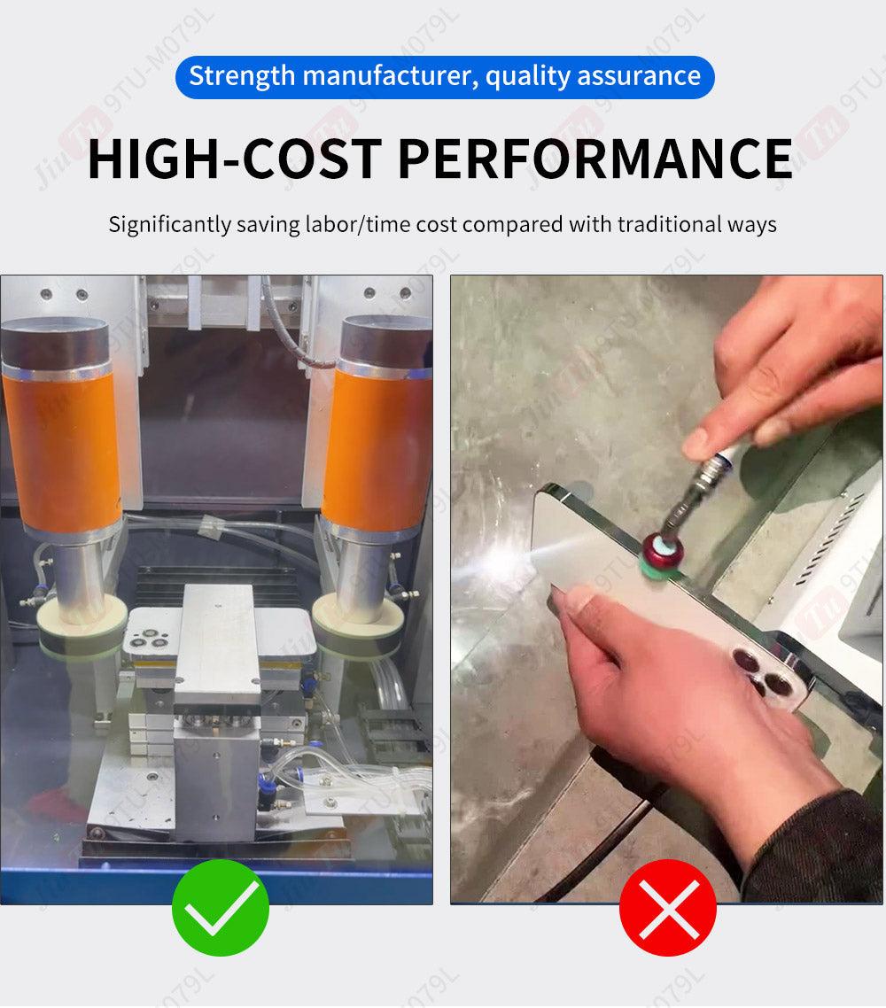 iPhone Housing Polishing Machine with dual polishing heads on left and manual polishing on right demonstrating efficient surface finishing