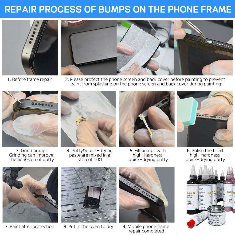 Quick drying putty applied on smartphone frame for scratch repair