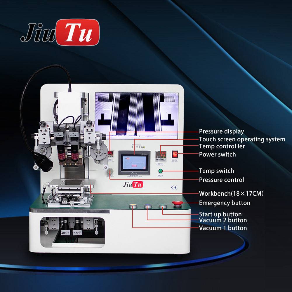 ACF bonding machine control layout with pressure, temperature, and workbench callouts
