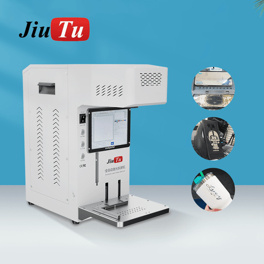 Jiutu Fibre Marking Machine separating phone back covers for iPhone and other smartphone brands with laser accuracy and auto-focus alignment.