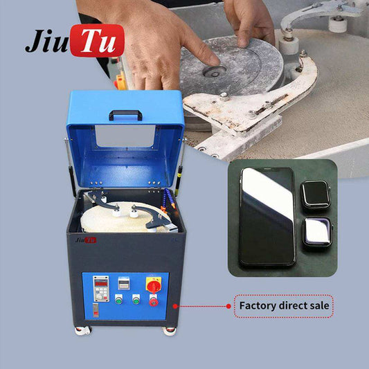 Automatic buffing machine for polishing smartphone screens and back covers with automatic lifting counterweight system.