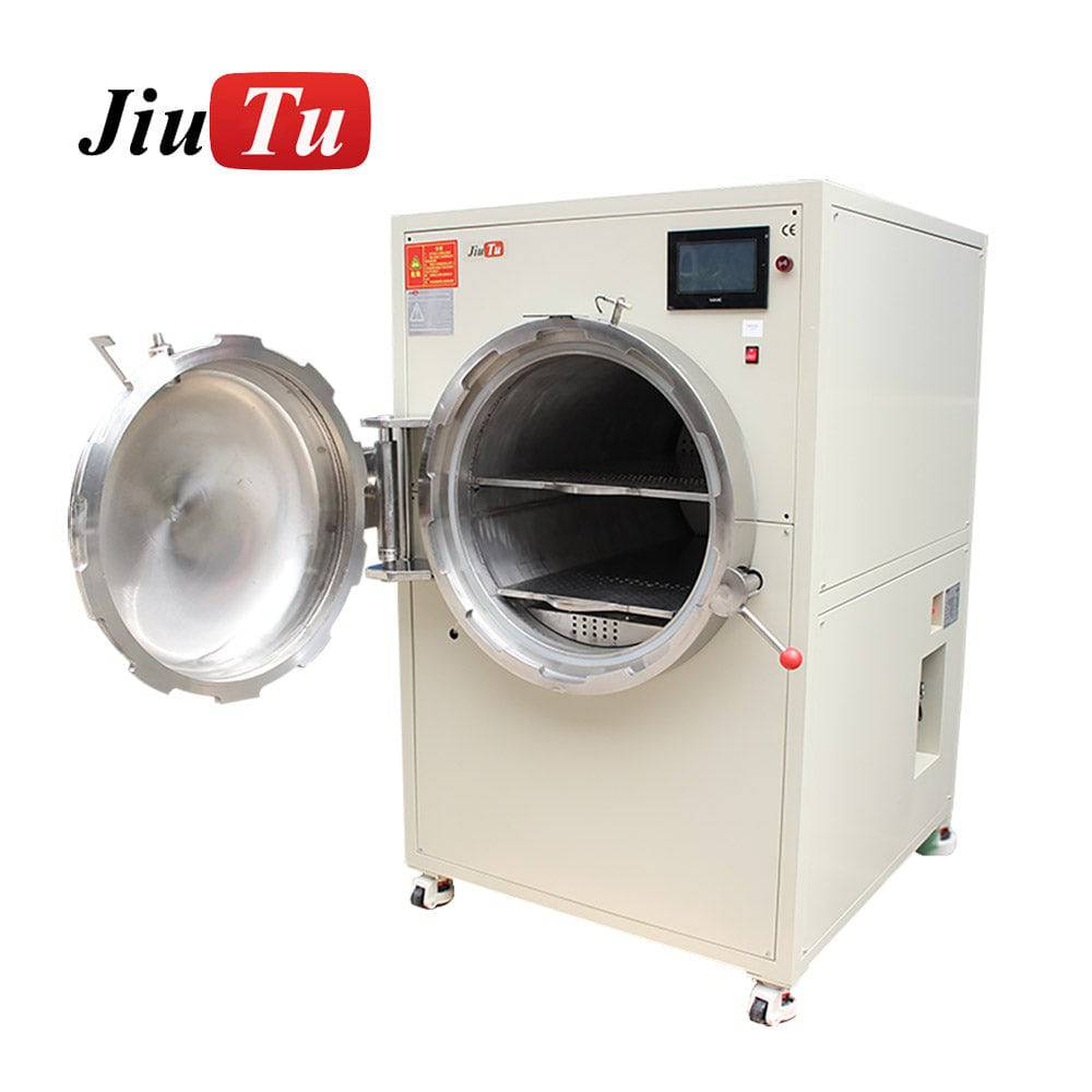 Bubble remover machine open chamber showing shelves for tray loading and spacing discipline