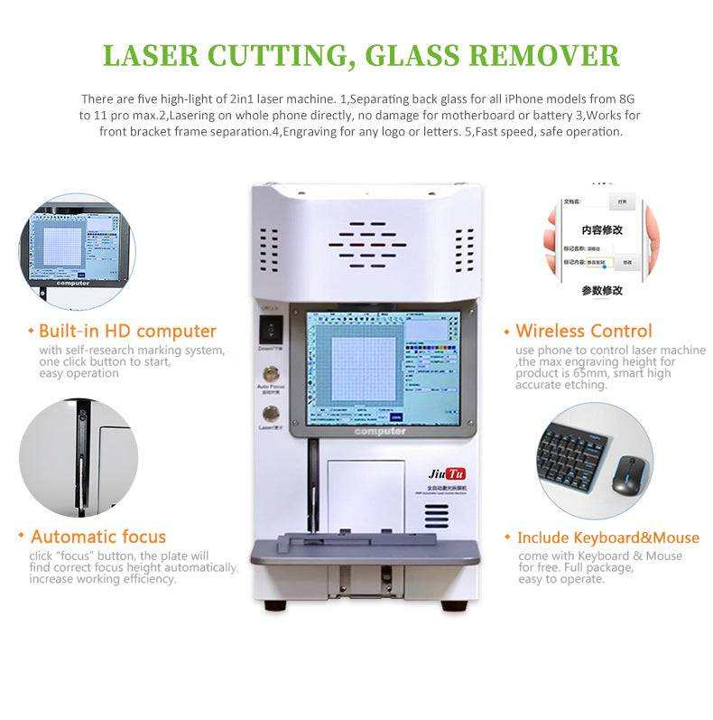 White compact 20W Laser Engraver machine featuring built-in HD computer, wireless control, automatic focus, and included keyboard and mouse