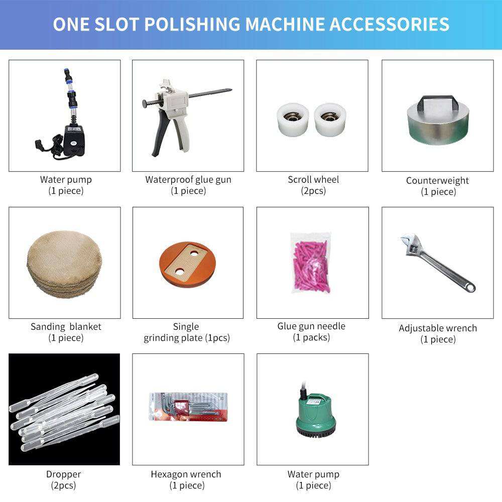 Latest Style collection of various polishing machine accessories including water pumps, glue gun, scroll wheels, sanding blanket, wrenches and other tools