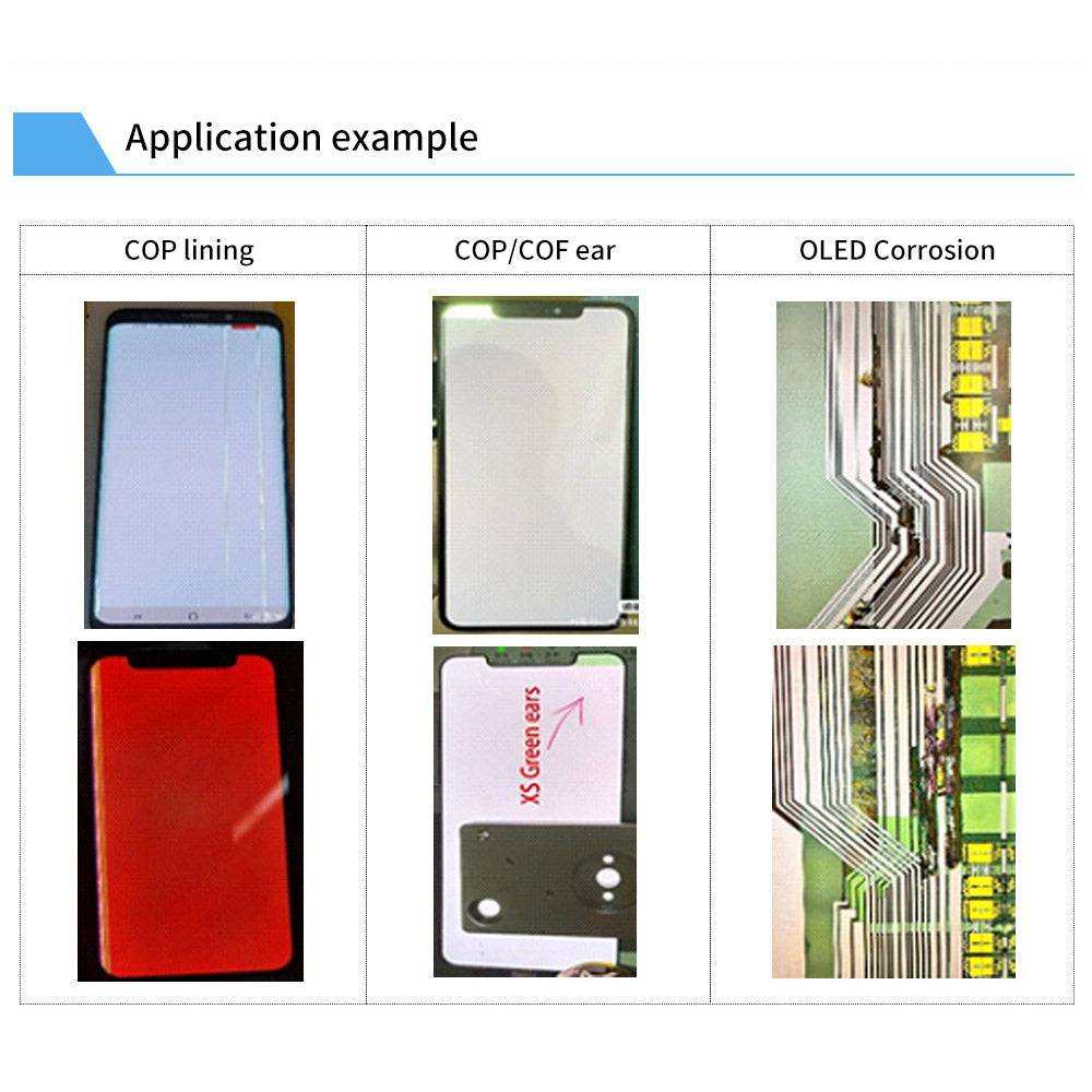 LCD/OLED ITO Laser Machine application example showing screen parts with COP lining, COP/COF ear, and OLED corrosion faults repaired or highlighted