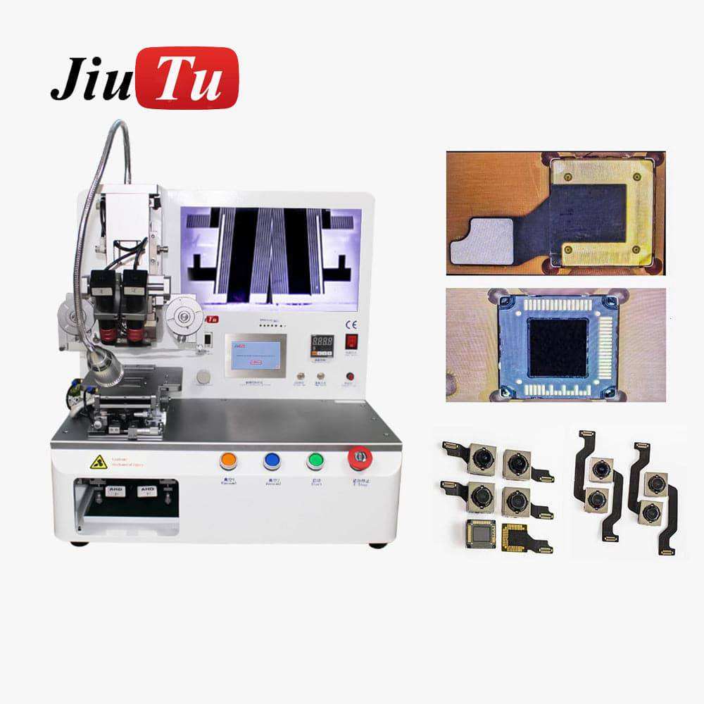 LCD panel bonding machine in white with control buttons and a screen, shown alongside small electronic parts and circuit components