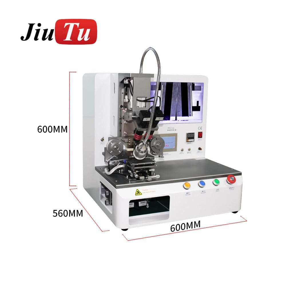LCD panel bonding machine in white with control buttons, display screen, and mechanical bonding components showing dimensions 600mm by 560mm by 600mm