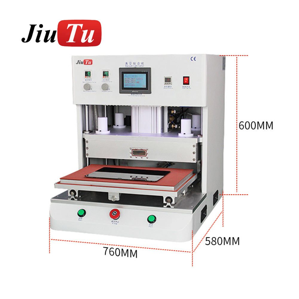 lcd vacuum laminating machine in white with digital control panel, pressure knobs, and red vacuum plate measuring 760x580x600mm