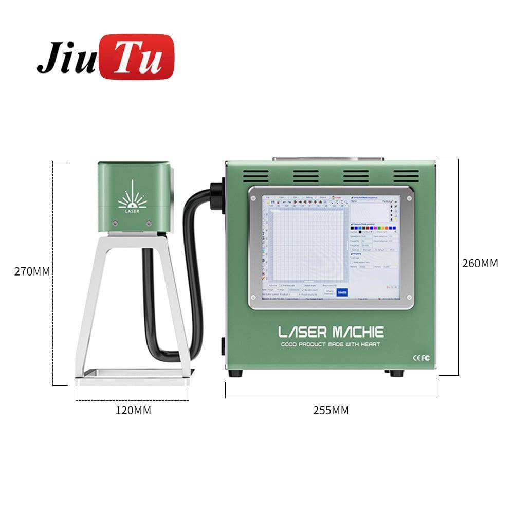 Mini Fiber Laser Machine in green with compact design, digital control panel, and connected laser head on metal stand