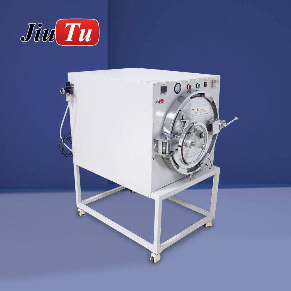 mobile lcd bubble remover machine white metal autoclave with circular door and control panel on stand with wheels