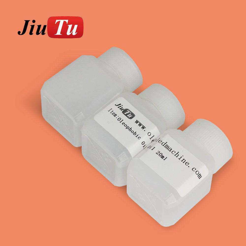 Oleophobic Coating Liquid in three small translucent plastic bottles with white caps and labels on an orange background