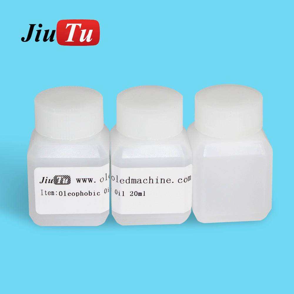 Oleophobic Coating Liquid in three small translucent plastic bottles with white caps and white labels against a blue background