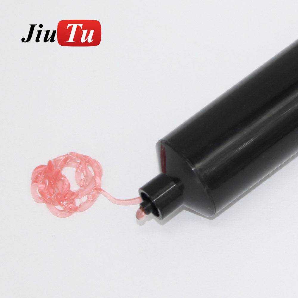 Black tube dispensing pink UV-curing waterproof glue in a coiled pattern, showing the adhesive's translucent texture