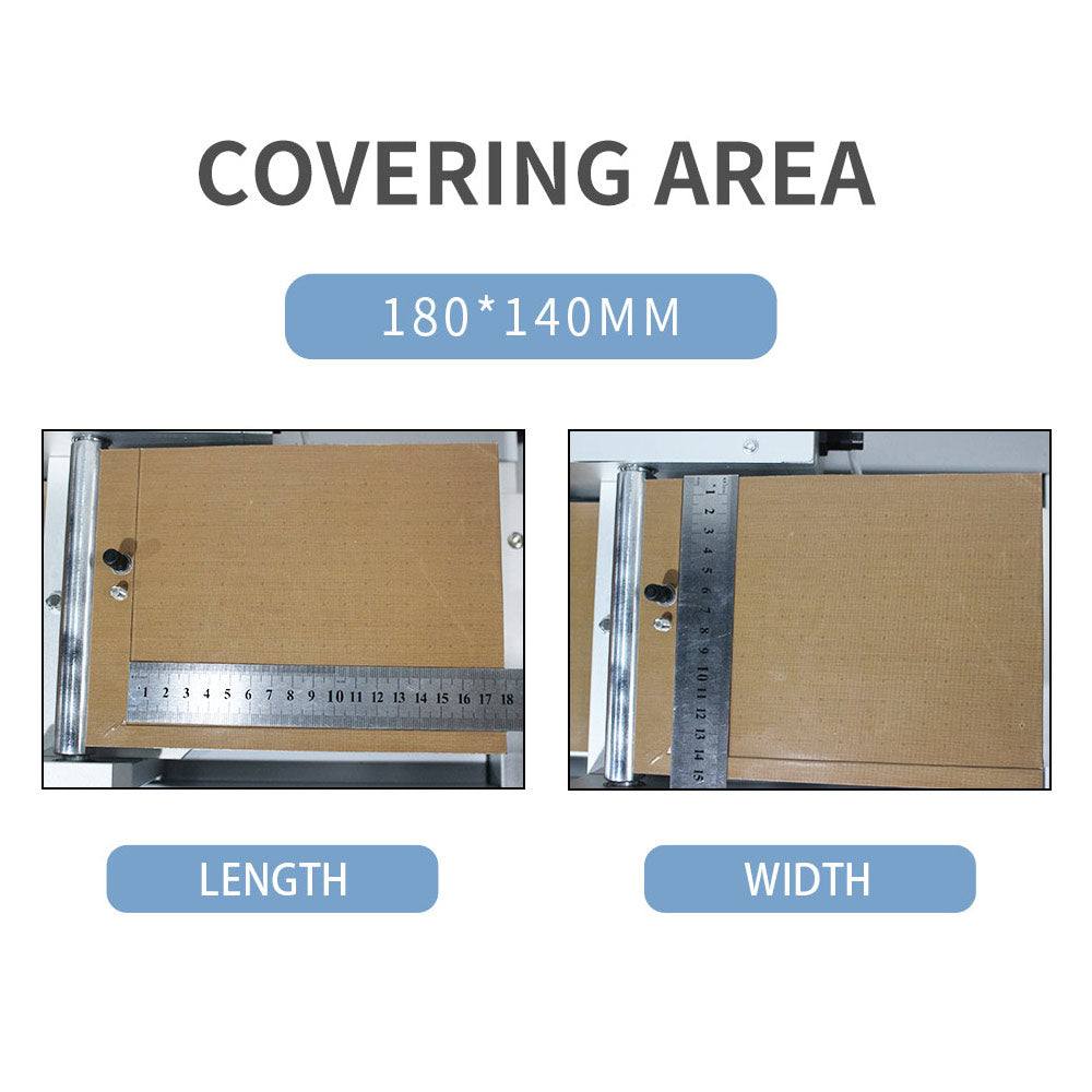 Polarizing Protective Film machine workspace showing a brown cardboard measuring 180 by 140 millimeters with metal rulers for length and width