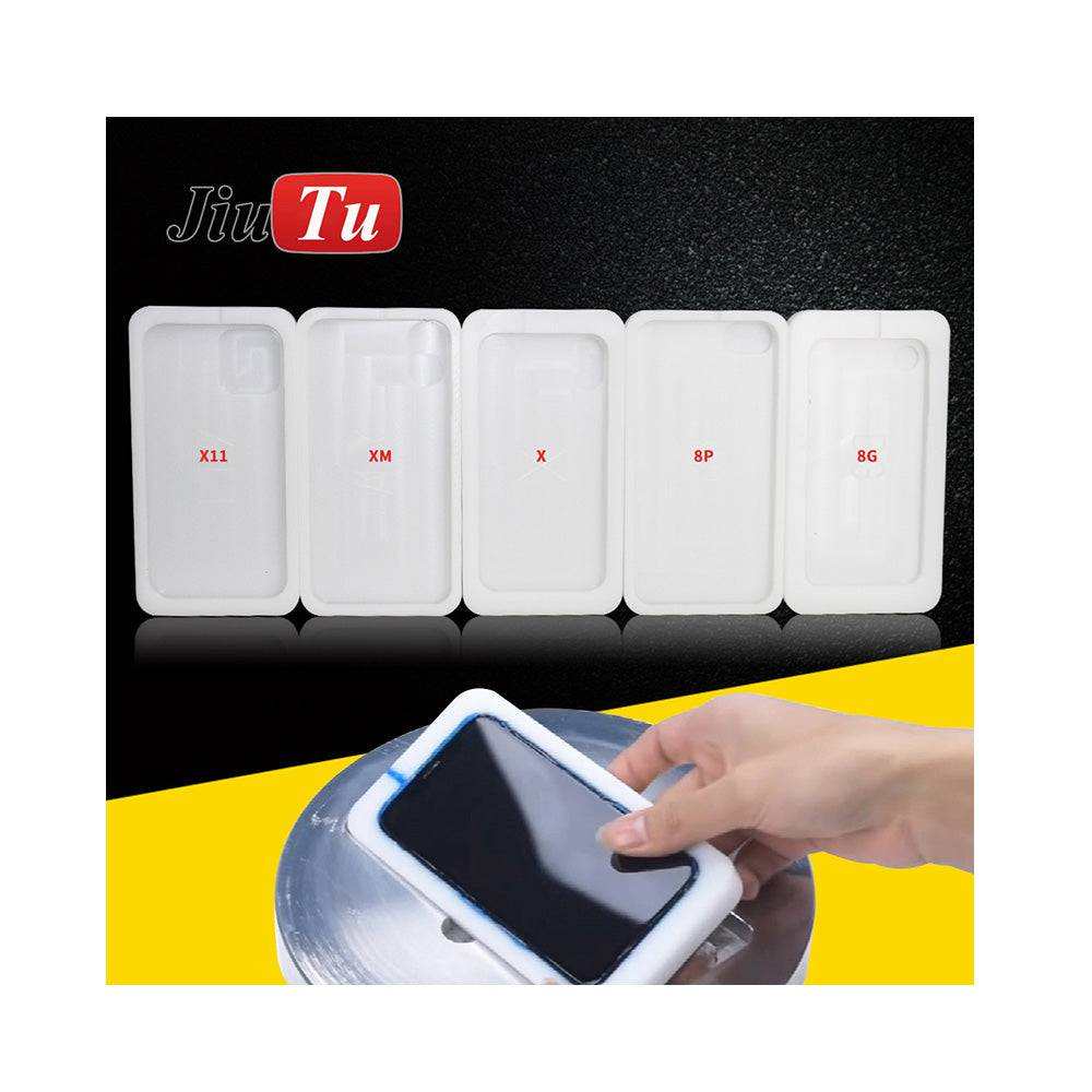 Polishing Machine Mold set for various smartphone models in white with labeled compartments X11, XM, X, 8P, and 8G