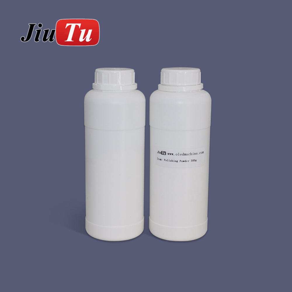 Polishing Powder in two white plastic bottles with screw caps, plain design with a small label on one bottle