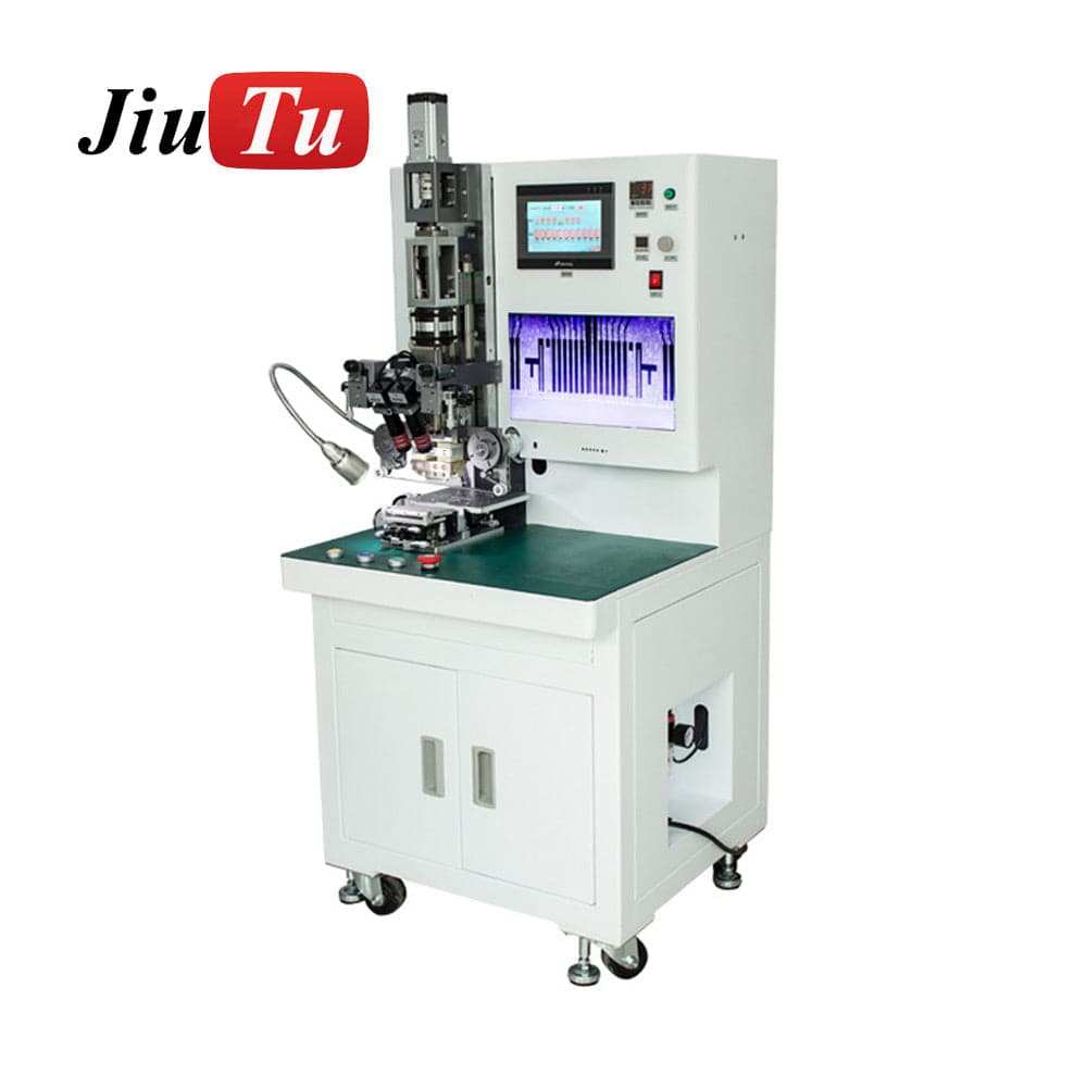 Press Bonding Machine in white with digital control panel, mechanical pressing components, and a work surface on caster wheels