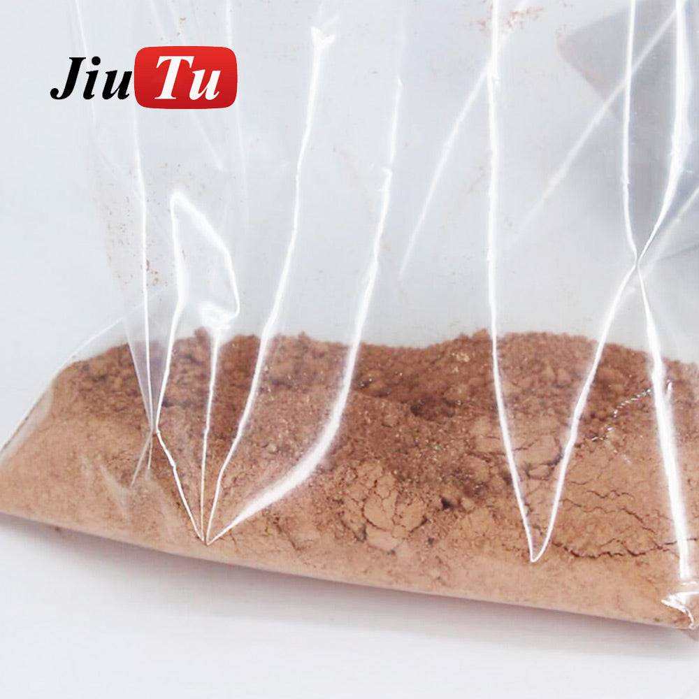 Red Polishing Powder in a clear plastic bag with fine reddish-brown iron oxide powder inside, showing texture and granules