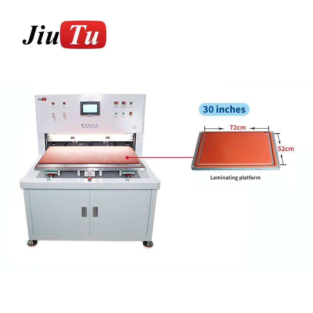 screen lamination vacuum machine with white metal body, digital display, control buttons, and an orange rectangular laminating platform