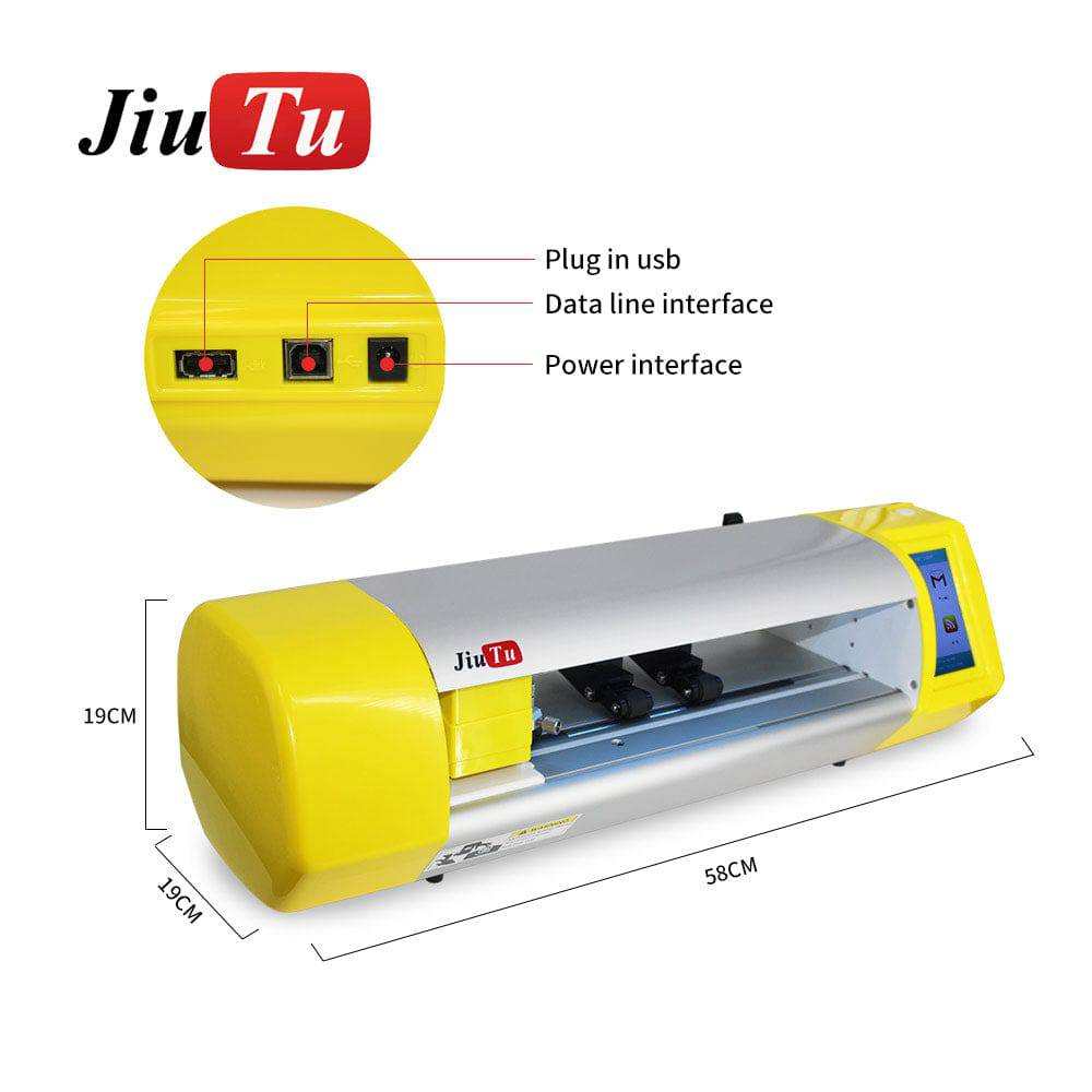 screen protector film cutting machine in yellow and silver with digital interface and labeled USB, data line, and power ports