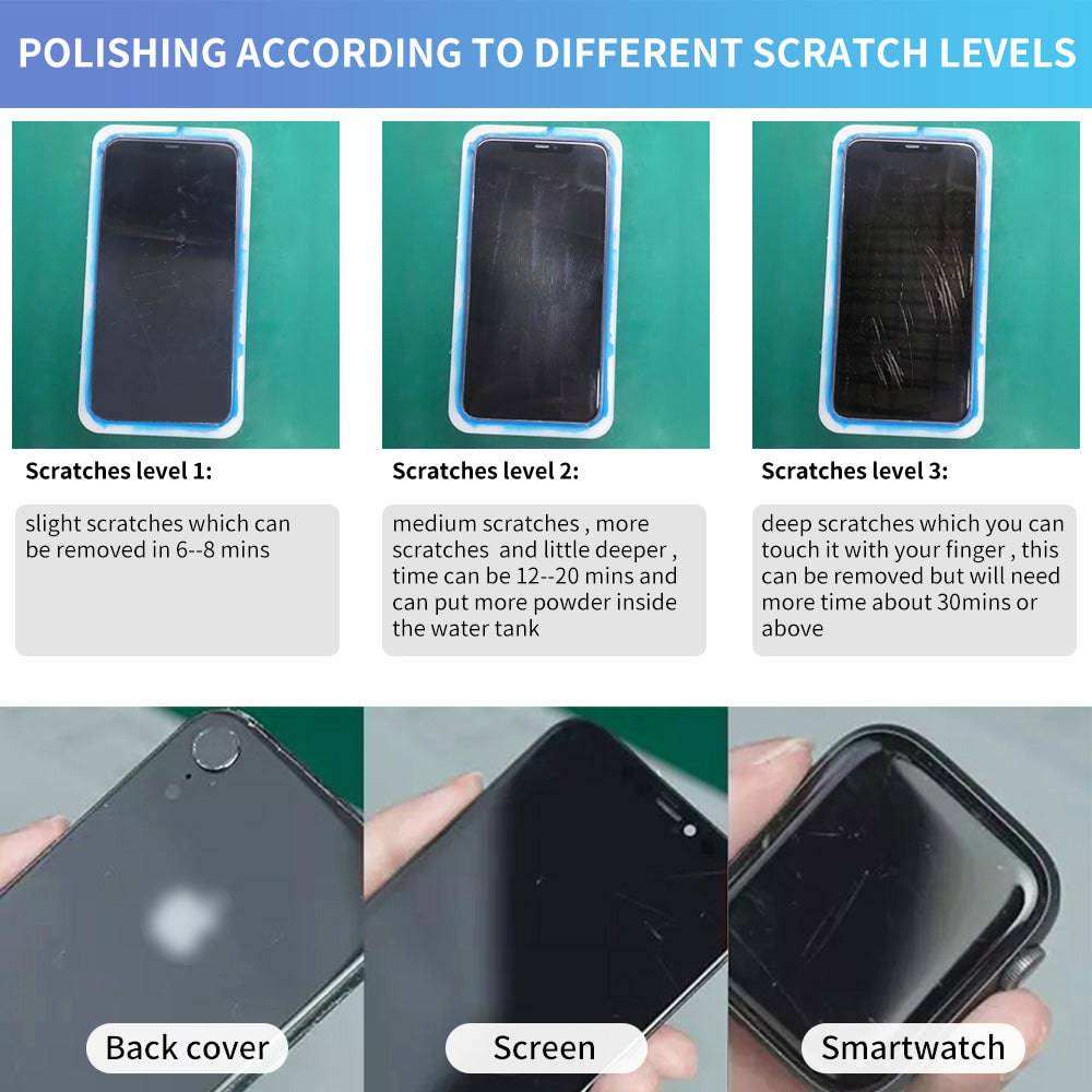 Screen Scratch Remover showing smartphone and smartwatch screens at different scratch levels with back cover, screen, and smartwatch polishing examples