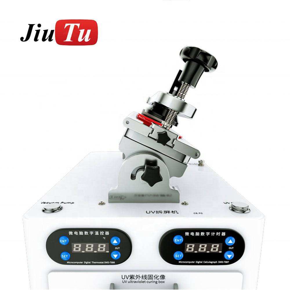touch screen removal machine in white with digital controls, black adjustment knobs, and a mechanical clamp mechanism for screen repair
