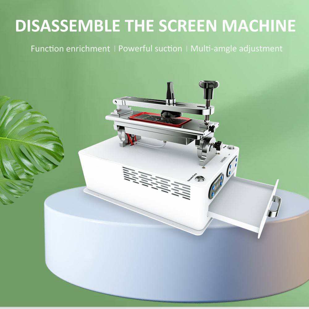 touch screen removal machine in white with metal components, controls, and sliding tray on a light green background