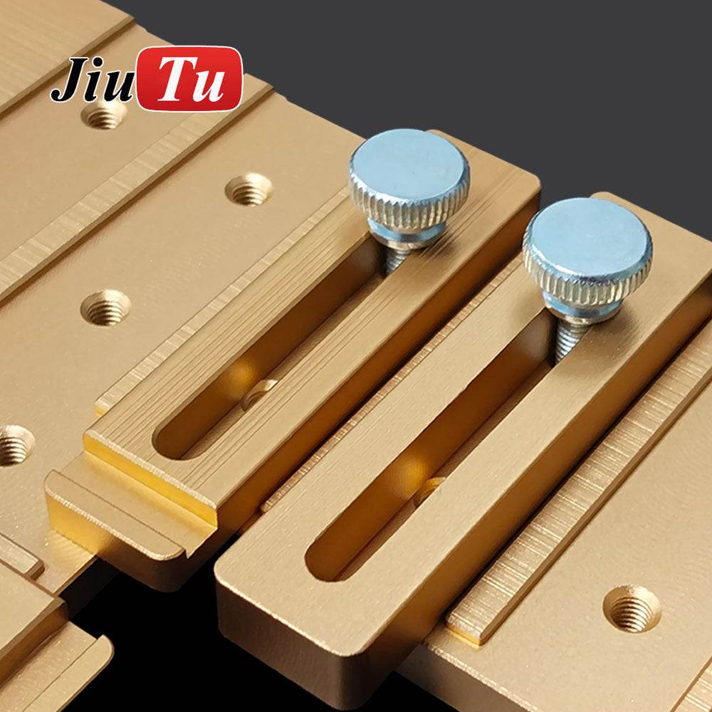 Universal LCD Screen Align Mold made of gold-colored metal with adjustable screws for precise phone screen positioning