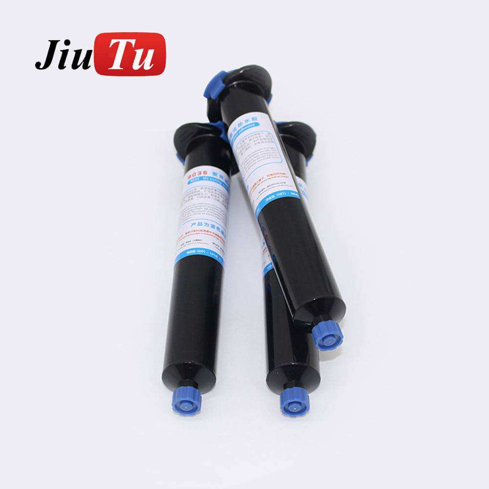 Waterproof Glue in black cylindrical tubes with blue caps and Chinese text labels, used for phone repair sealing