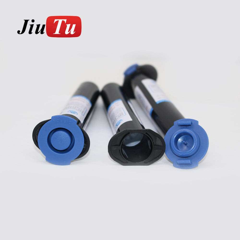 Waterproof Glue syringes with black tubes and blue caps arranged on white surface for phone repair use