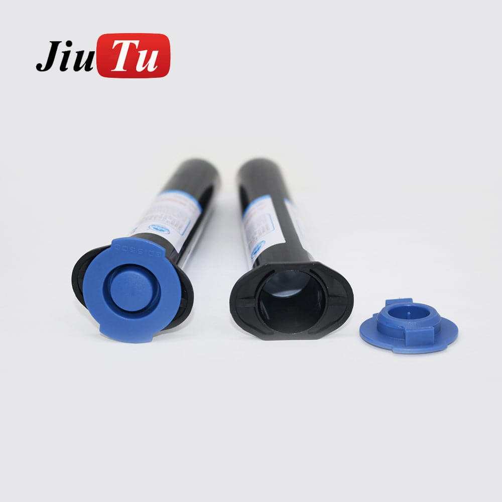 Waterproof Glue tubes with black and blue plastic caps, designed for phone repair applications, shown uncapped and capped