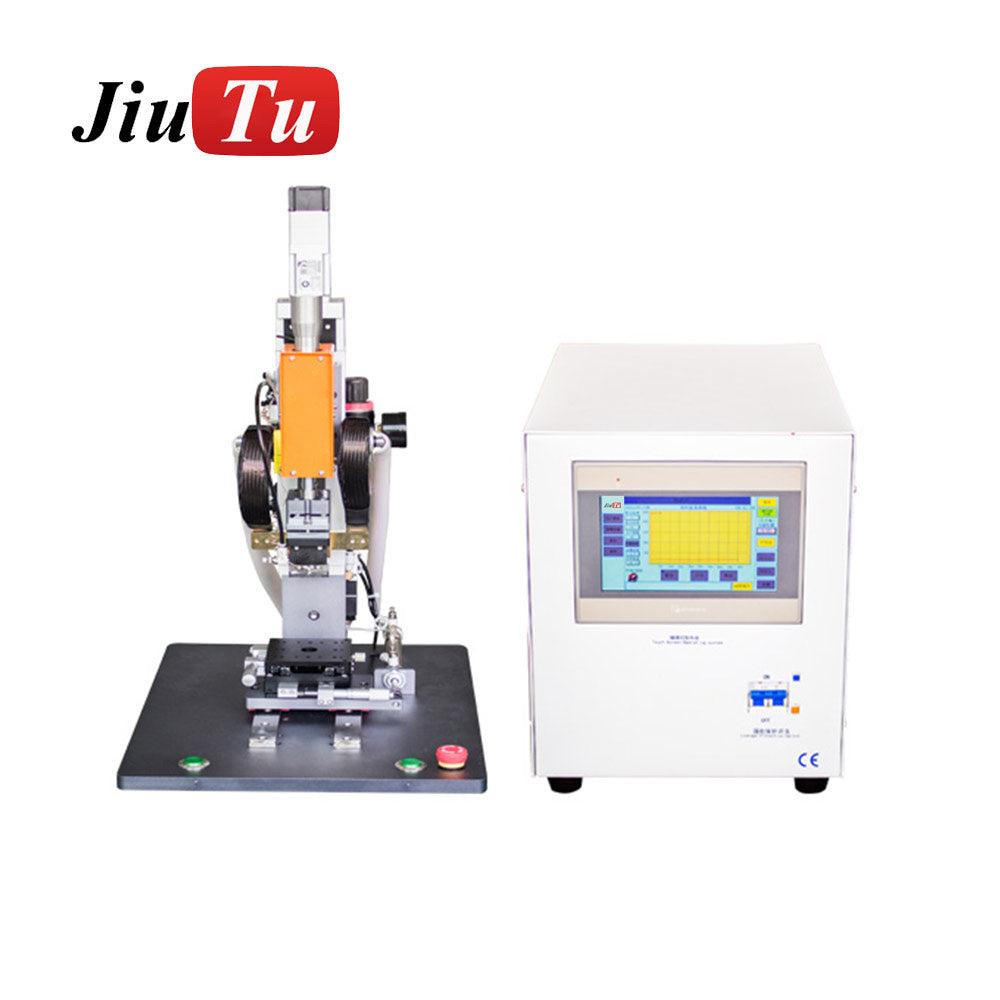 Hot Press Welding Machine with black base and orange vertical press arm alongside a white control box featuring a touchscreen display and control buttons